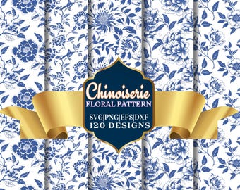 Chinoiserie Blue Floral Pattern Bundle, 120 Digital Paper Designs, Vintage Flower SVG PNG EPS Dxf, Seamless Chinese Fabric Print