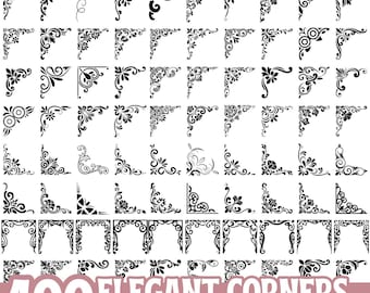 Paquete SVG de esquinas elegantes / 400 diseños de esquinas ornamentales / Borde de marco decorativo SVG PNG Eps / Conjunto de imágenes prediseñadas de esquinas florales vintage