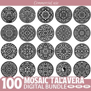 May include: A collection of 20 circular black and white mosaic Talavera designs. Each design features intricate patterns and floral motifs. The image includes the text "100 MOSAIC TALAVERA DIGITAL BUNDLE".