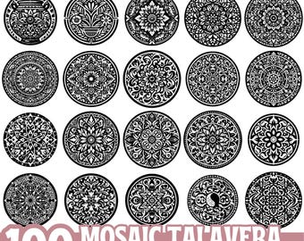 Paquete SVG de mandala de mosaico de Talavera, clipart de azulejos mexicanos, adorno redondo digital PNG, patrón floral decorativo EPS, archivos Cricut