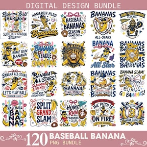 Op de afbeelding: Een digitaal ontwerppakket met 20 grafische illustraties van antropomorfe bananen die honkbal spelen. De ontwerpen bevatten teksten zoals Banana Ball Heroes, Home Run Hero, All-Stars en Banana League Champions, uitgevoerd in blauw, geel en rood.