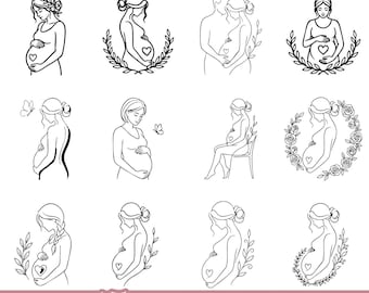 Pregnancy Line Art SVG Bundle, Maternity Motherhood Clipart PNG EPS, Baby Bump Floral Woman Cricut Cut Files