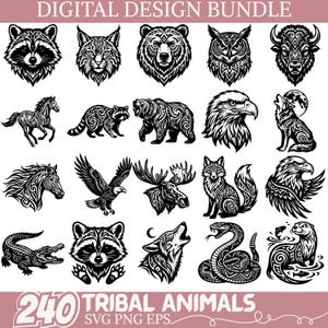 Puede incluir: Paquete de diseño digital con 240 ilustraciones de animales tribales en formatos SVG, PNG y EPS. Los diseños en blanco y negro incluyen un mapache, un oso, un búho, un lobo, un águila, un caballo y más. El texto en la parte superior dice "DIGITAL DESIGN BUNDLE".