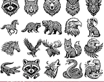 Paquete SVG de animales tribales: lobo, oso, águila, león, serpiente, mapache, caballo, arte tribal, archivos PNG EPS para Cricut Silhouette