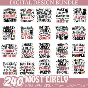 以下が含まれることがあります： さまざまな機会に対応する240の「Most Likely To」フレーズをフィーチャーしたデジタルデザインバンドル。フレーズは気まぐれなフォントで、"夕食中にオンラインショッピングをする"や"携帯電話の充電を忘れる"などのトピックが含まれています。