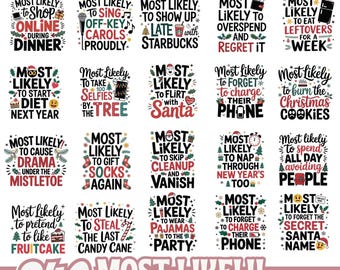 May include: A digital design bundle featuring 240 "Most Likely To" phrases for various occasions. The phrases are in a whimsical font and include topics like "shop online during dinner" and "forget to charge their phone."