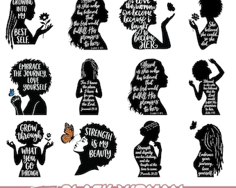 Paquete SVG de mujer negra para Cricut, citas inspiradoras de siluetas de mujeres afroamericanas PNG EPS, diseños digitales feministas cristianos