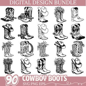 May include: Digital design bundle featuring 20 detailed black and white illustrations of cowboy boots, each with unique designs, spurs, and some with cowboy hats. The text "DIGITAL DESIGN BUNDLE" and "90 COWBOY BOOTS" are at the top and bottom.