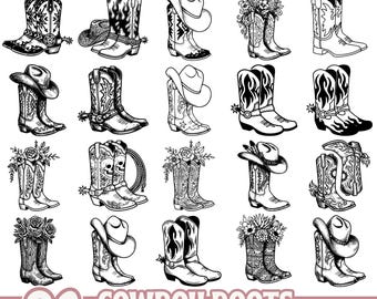 Cowboy Boots SVG Bundle Western Boot Clipart Hat Floral Skull Retro Cowgirl Designs for Cricut Silhouette Sublimation PNG EPS