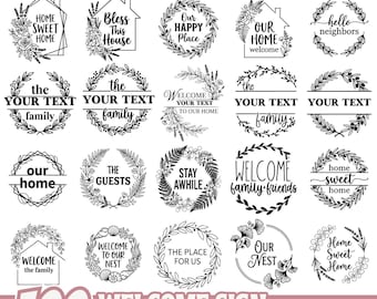 Rustic Welcome Sign SVG Bundle with Floral Home Quotes, Farmhouse Door Hanger Cut Files, Editable Family Name Wreath Designs for Cricut