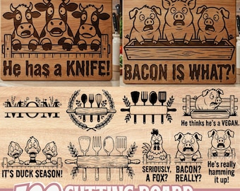 Paquete SVG de tabla de cortar de animales de granja con frases divertidas de cocina y diseños de utensilios de vaca, cerdo, pato y mamá para grabado láser con Cricut Makers.