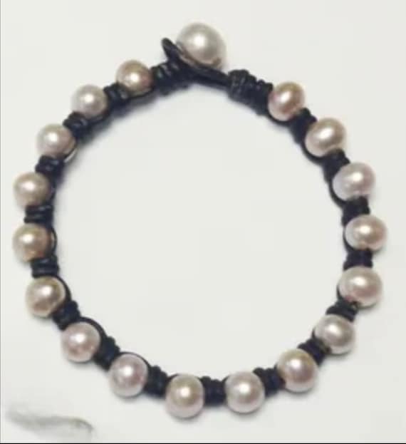 Bracelet Perles D'eau Douce, Cuir Et Argent 925 - Neuf Avec étiquettes - Pierres Non Traitées