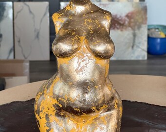 Goddess statue 8” curvy water stone in 22K MOON GOLD over golden yellow casting