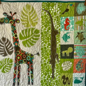 Wholecloth Safari Animals Baby Quilt, Green and Orange Bedding, Giraffe Baby Nursery Crib Blanket, Kids Nature Nap Blanket, Baby Elephant