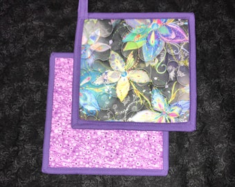 Set of 2 Rainbow Flower Quilted Potholders, Gray Hanging Hot Pads, Colorful Trivets, Pastel Rainbow Potholder Set, Colorful Flower Potholder
