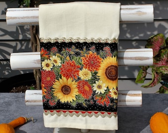Embroidered Pumpkin Sunflower Autumn Fall Leaves Ivory Terry Kitchen Dish Towel 
