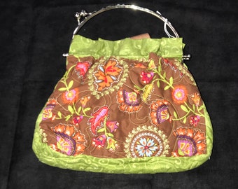 Green and Brown Floral Handbag, Quilted Flower Purse, Swirls Quilted Clutch, Quilted Handbag Gift, Quilted Purse, Floral Purse Fashion