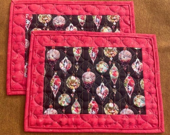 Elegant Christmas Ornament Placemats, Ornate Christmas Ornaments, Vintage Inspired Christmas Ornaments, Pink Sparkle Christmas Mug Rugs