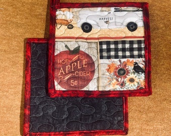 Set of 2 Welcome Fall Hot Pads, Orange Insulated Fall Potholders, Quilted Autumn Blessings Trivet Set, Cozy Fall Phrases Potholders Gift Set