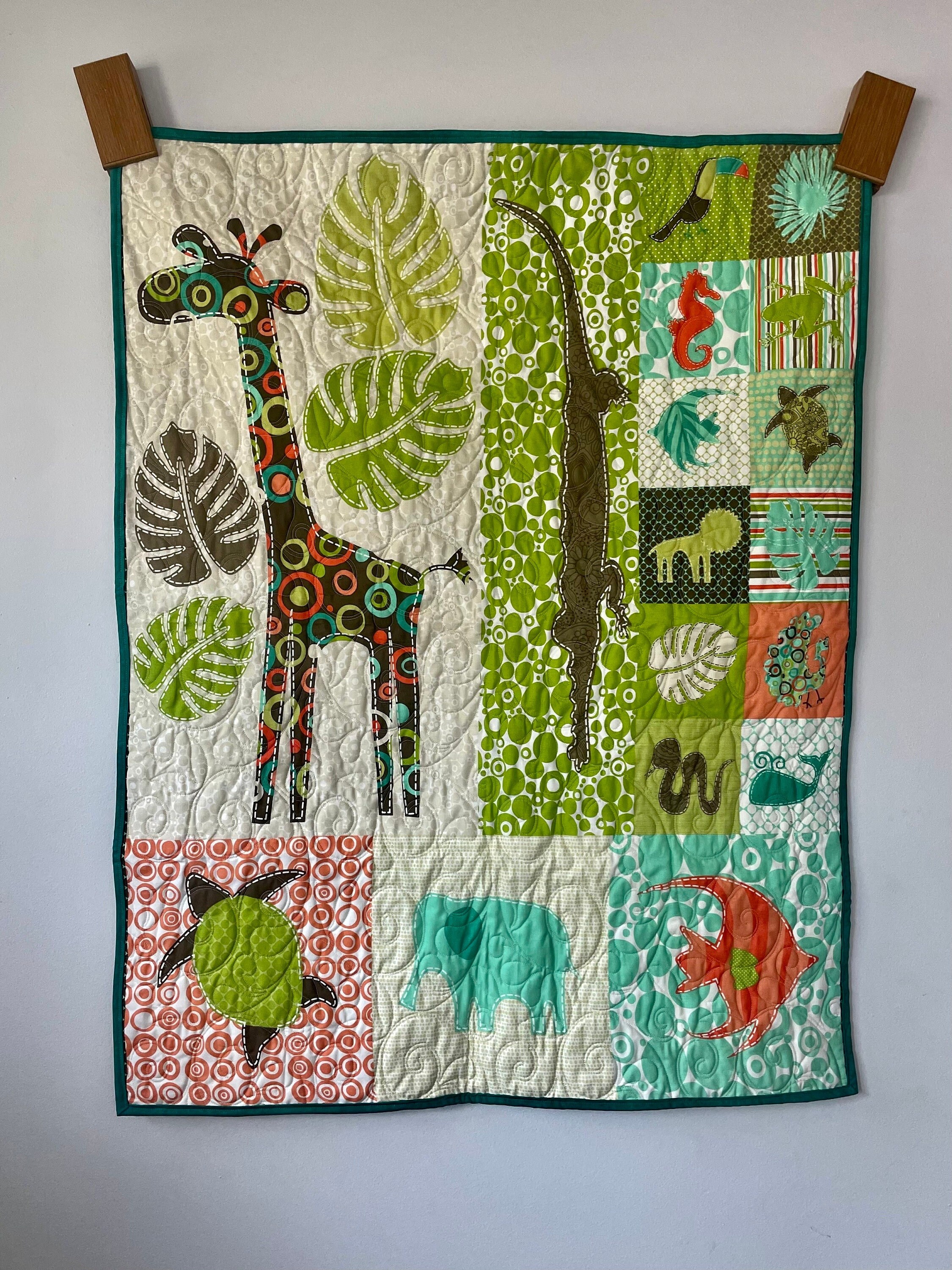 Wholecloth Safari Animals Baby Quilt, Green and Orange Bedding, Giraffe Baby Nursery Crib Blanket, Kids Nature Nap Blanket, Baby Elephant