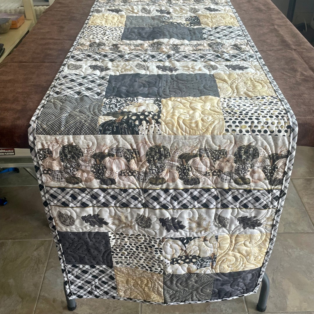 Black and White Fall Table Runner, Gingham Pumpkins Fall Decor, Gold ...