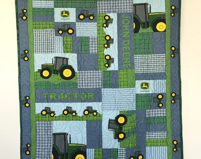 John Deere Inspired Baby Quilt, Blue and Green Tractor Toddler Bedding