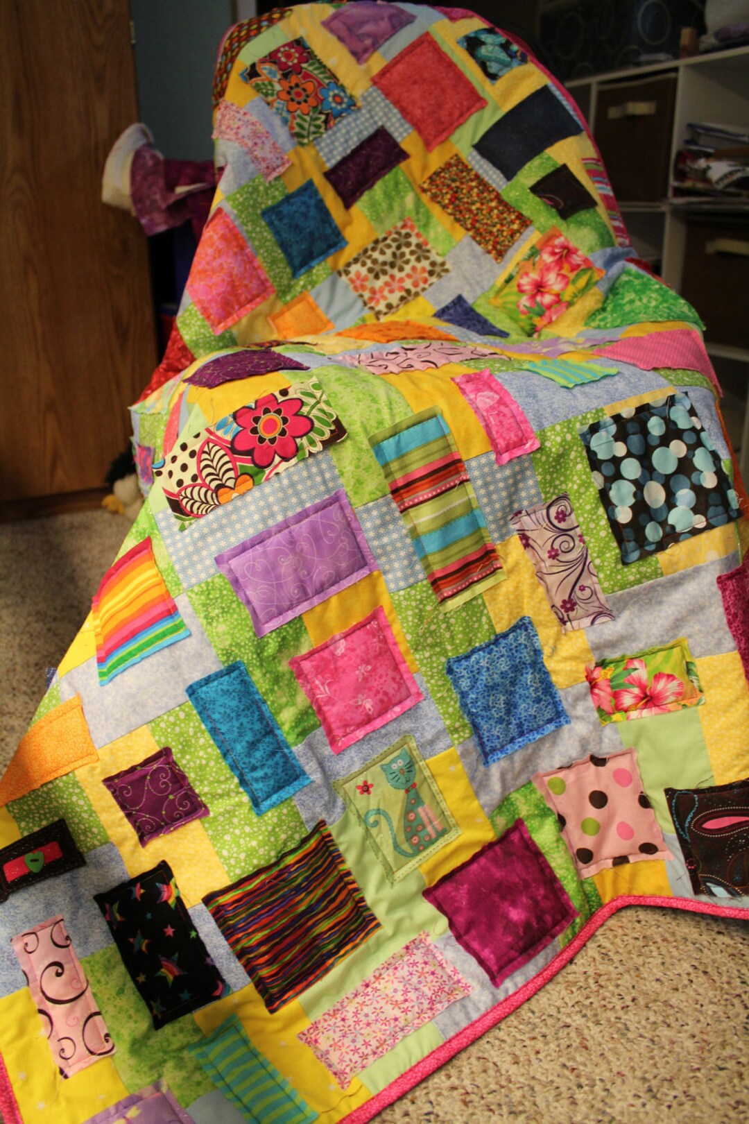 Girls Colorful Custom Quilt, Rainbow Crib Quilt, Handmade Kids Blanket