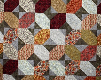 Precious Metals Twin, Throw Size Quilt, Orange and Gray Throw Quilt, Quilted Lap Blanket, Pieced Metallic Lap Quilt, Adult Quilted Blanket