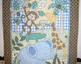 Animal Safari Quilt Blue Neutral Quilt, Wholecloth Jungle Panel Crib Blanket, Nursery Wall Decor, Baby Lap Cover, Floor Mat Quilt