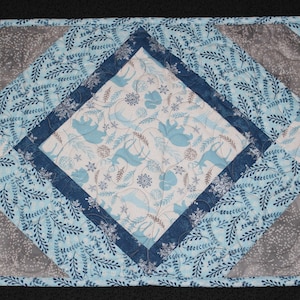 Forest Animals Table Runner, Holiday Quilted Runner, Winter Deer Table Cover, Blue and Gray Gift Tableware, Snow Kitchen Table Protector