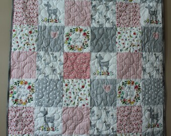 Floral Deer You Are So Loved Pink Wholecloth Panel Quilt Crib/Lap/Wall, Pink and Gray Kids Quilt, Deer Crib Blanket, Floral Childrens Quilt