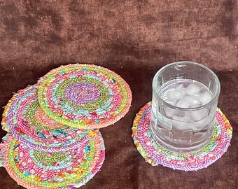 Pastel Rainbow Clothesline and Fabric Coaster Set of 4, Oversized Quilted Circle Coaster, Rolled Rope Large Coaster, Quilted Kitchen Trivets