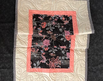 Pink and Gray Butterfly Quilted Table Runner, Floral Table Decor, Flowers and Butterflies Table Runner, Pink Runner,  Butterfly Home Decor