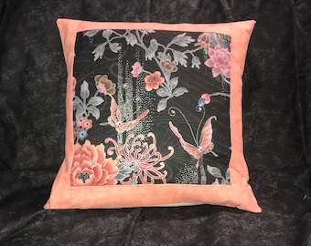 Pink and Gray Butterfly Pillow, Swarovski Embellished Decorative Pillow, Butterflies and Flowers Accent Pillow, Crystal Embellished Pillow
