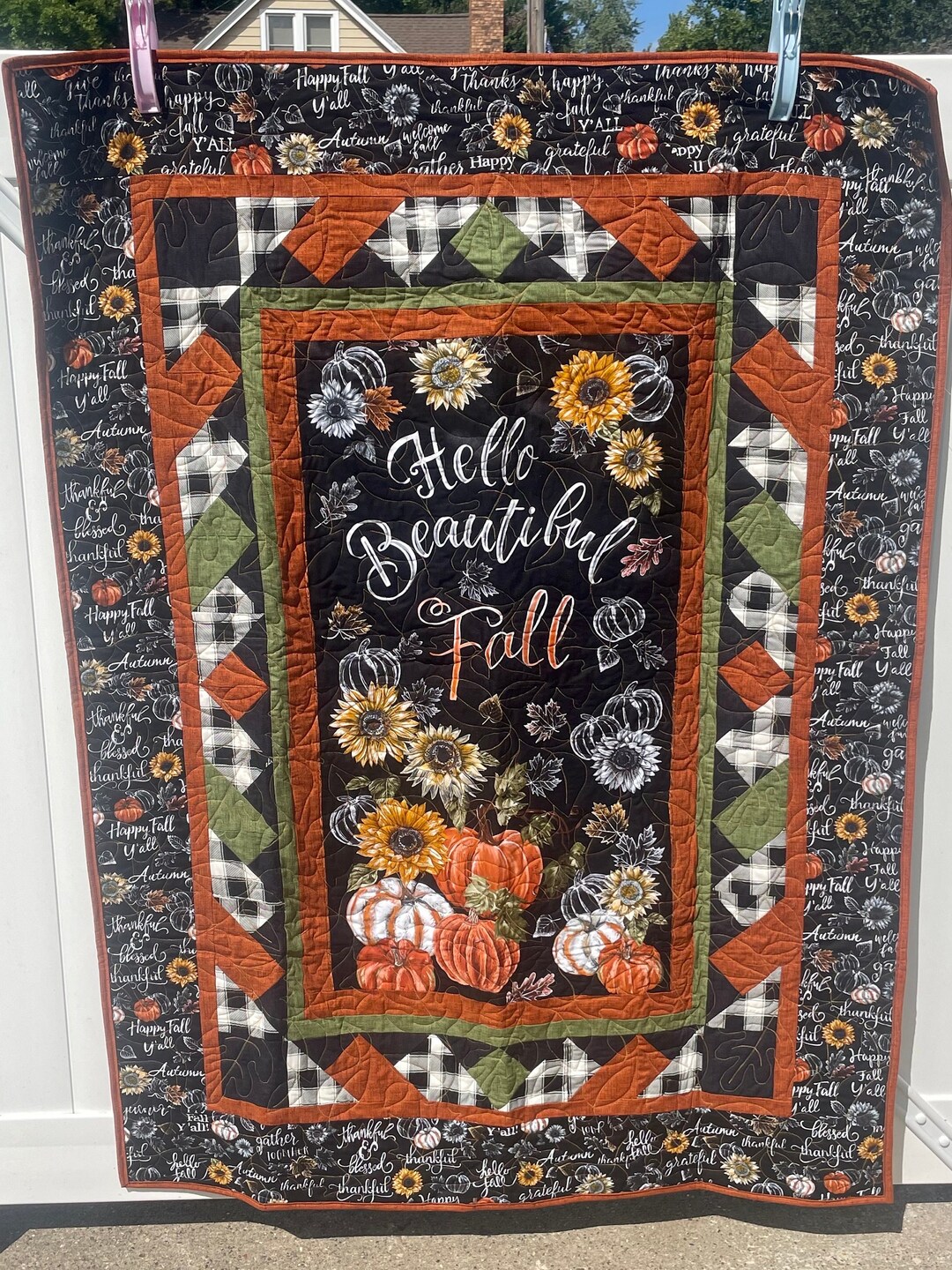Hello Beautiful Fall Quilt, Pumpkins and Sunflowers Wall Art, Autumn ...