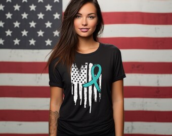 PTSD Awareness Shirt: Teal Ribbon Distressed Flag, Veteran Support