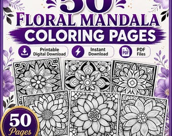 Dibujos para colorear de mandalas florales, PDF imprimible para adultos, descarga instantánea.