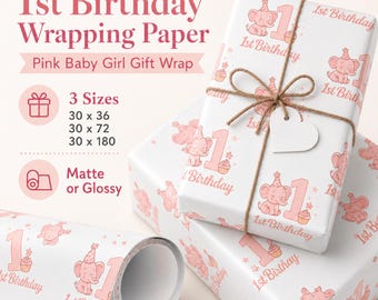 1st Birthday Wrapping Paper: Pink Baby Girl Party Gift Wrap
