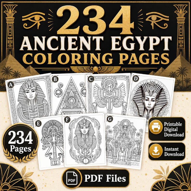 Egyptian Coloring Book | 230 Pages Printable PDF | Pharaohs, Temples ...