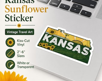 Kansas Sunflower Sticker, Vintage Travel Art Vinyl Decal, State Pride Laptop Sticker