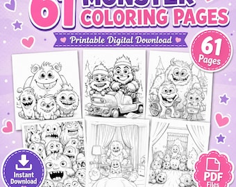61 Monster Coloring Pages Printable PDF, Kids Monster Sheets (Digital Download)