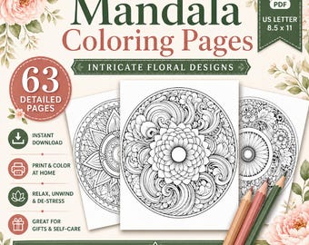 63 Mandala Coloring Pages | Intricate Floral Designs (Digital Download)