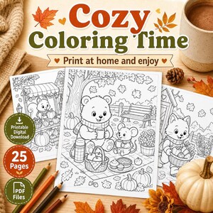 Autumn Harvest Coloring Pages for Kids & Adults, Cute Animals Printable PDF Download