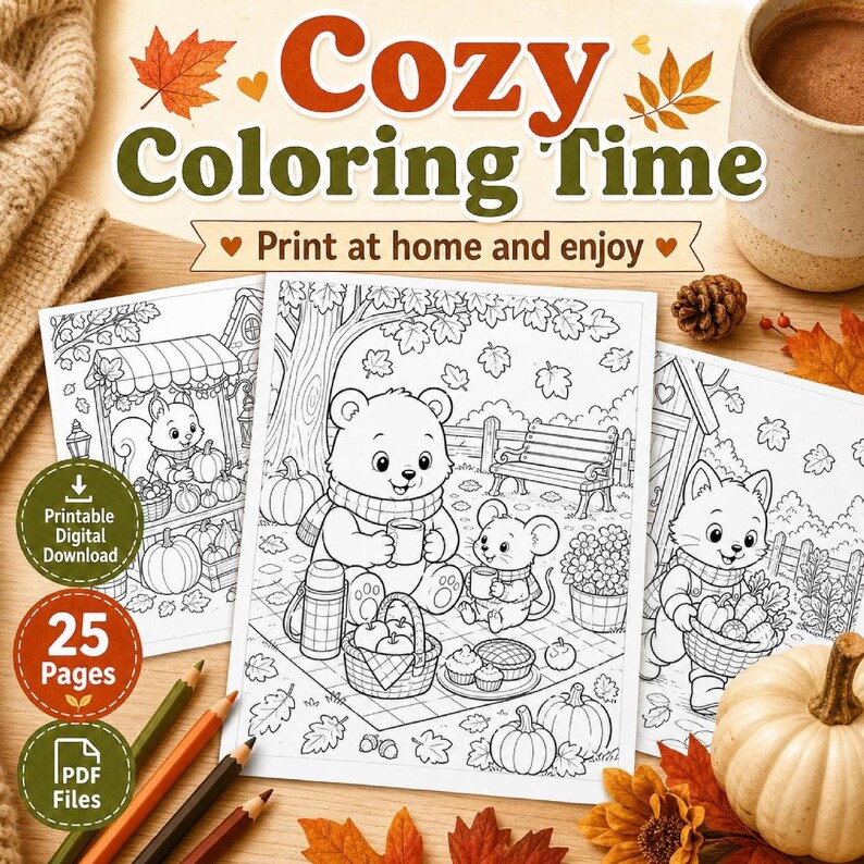 Autumn Harvest Coloring Pages for Kids & Adults, Cute Animals Printable PDF Download