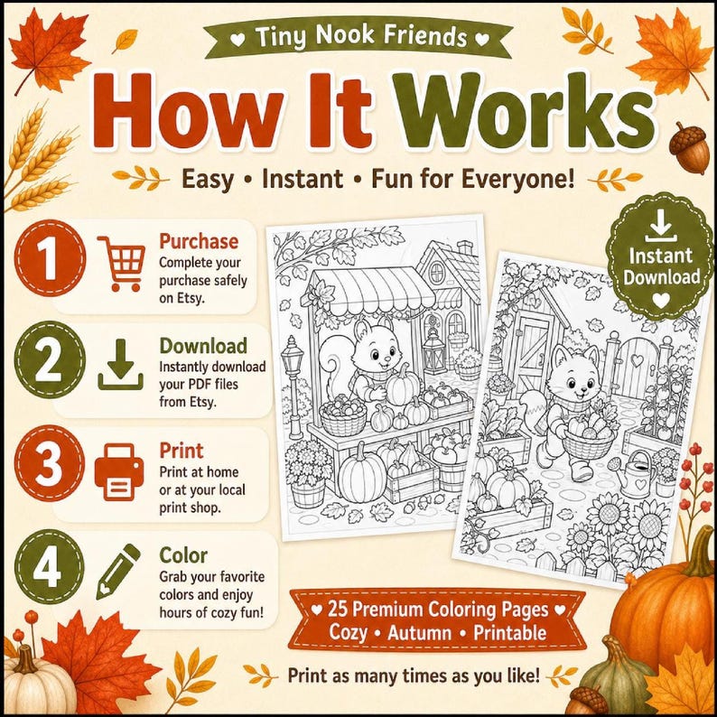 Autumn Harvest Coloring Pages for Kids & Adults, Cute Animals Printable PDF Download