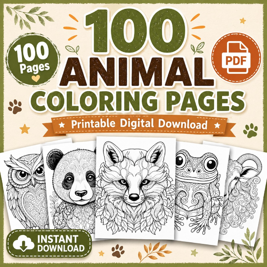 Coloring In Animals 100 Animal Coloring Pages PDF, Printable Adult Stress Relief (digital ...