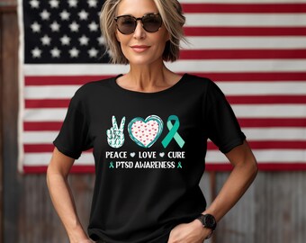 Peace Love Cure PTSD Awareness Shirt | Teal Ribbon Support | Mental Health & Trauma Healing Shirt