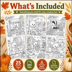 Autumn Harvest Coloring Pages for Kids & Adults, Cute Animals Printable PDF Download
