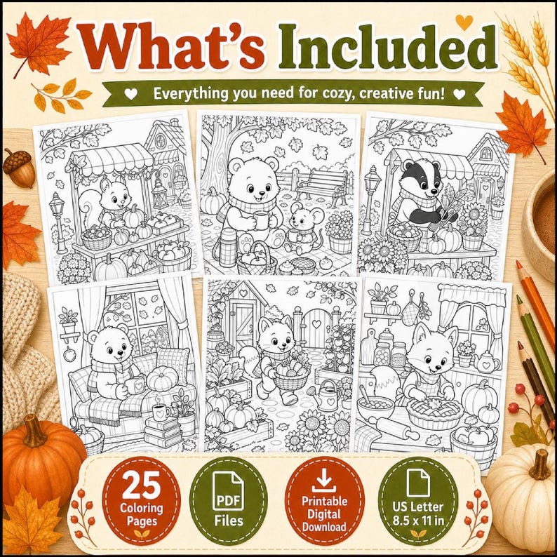 Autumn Harvest Coloring Pages for Kids & Adults, Cute Animals Printable PDF Download