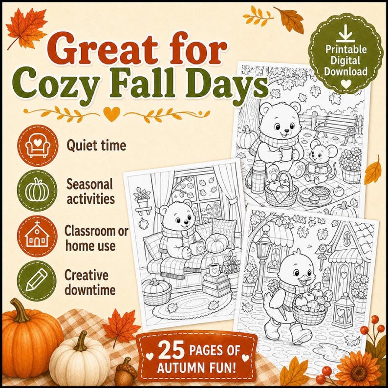 Autumn Harvest Coloring Pages for Kids & Adults, Cute Animals Printable PDF Download